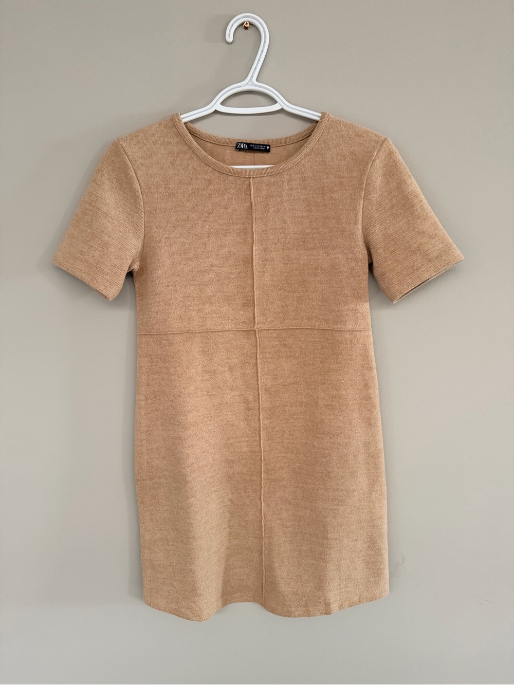 Zara Tan Crewneck Knit Short-Sleeve Shift Dress Size S
